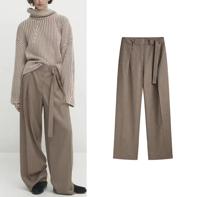 

Fashionable Casual Women's Loose Wide Leg Pants Belted Pleated Lazy Style Comfortable Natural Waist Autumn Season Ladies Trou...