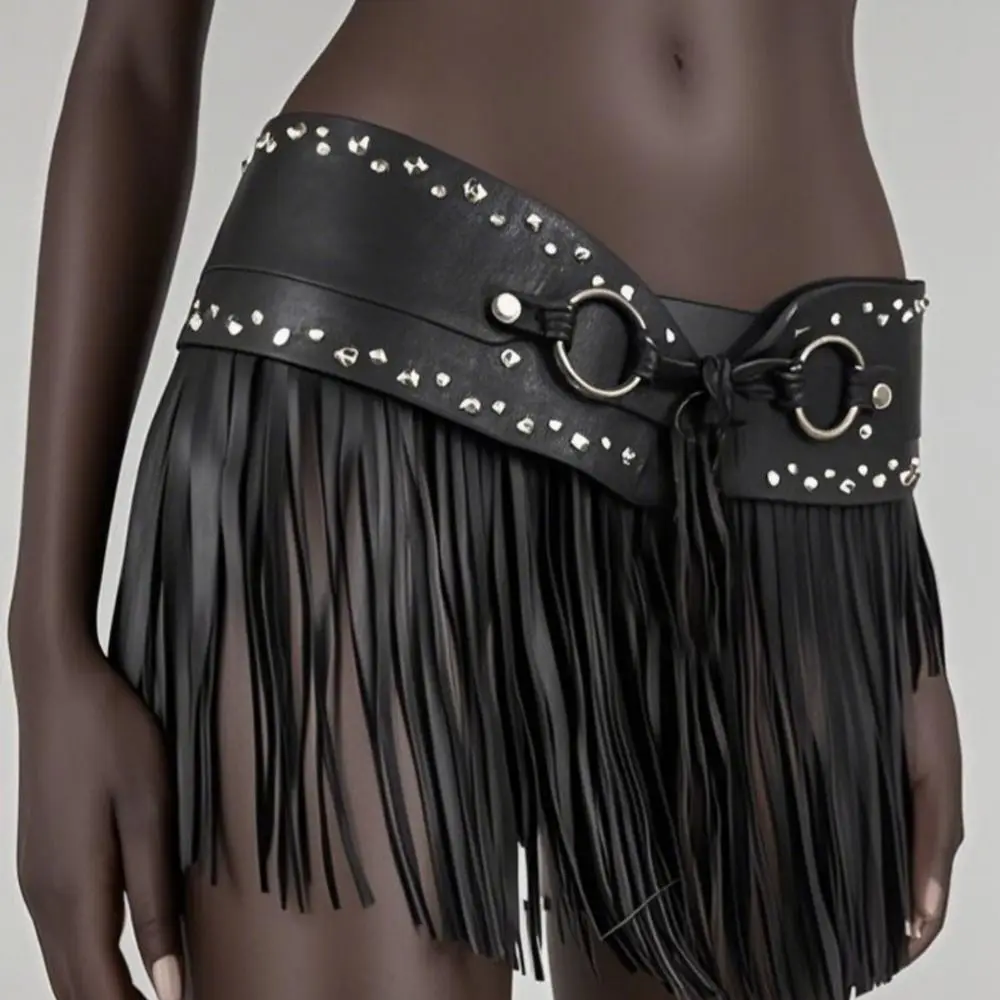 Personality PU Leather Tassel Belt Punk Style Patchwork Design Rivet Belt Vintage Western Cowboy Wide Belt Daily Wear