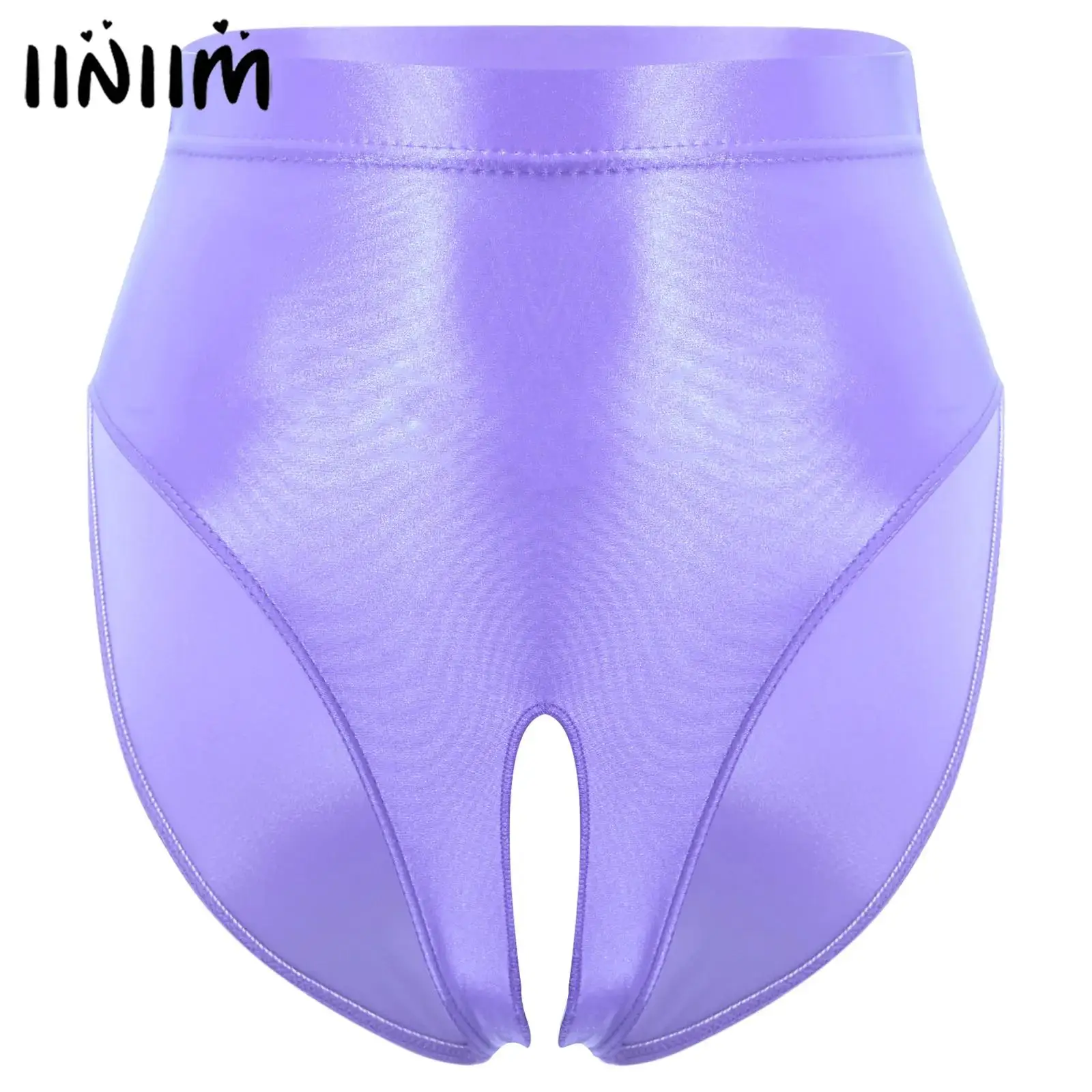 

Womens Sexy High Waist Open Crotch Underwear for Pole Dancing Elastic Waist Glossy Stretchy Panties Lingerie Nightwear Clubwear