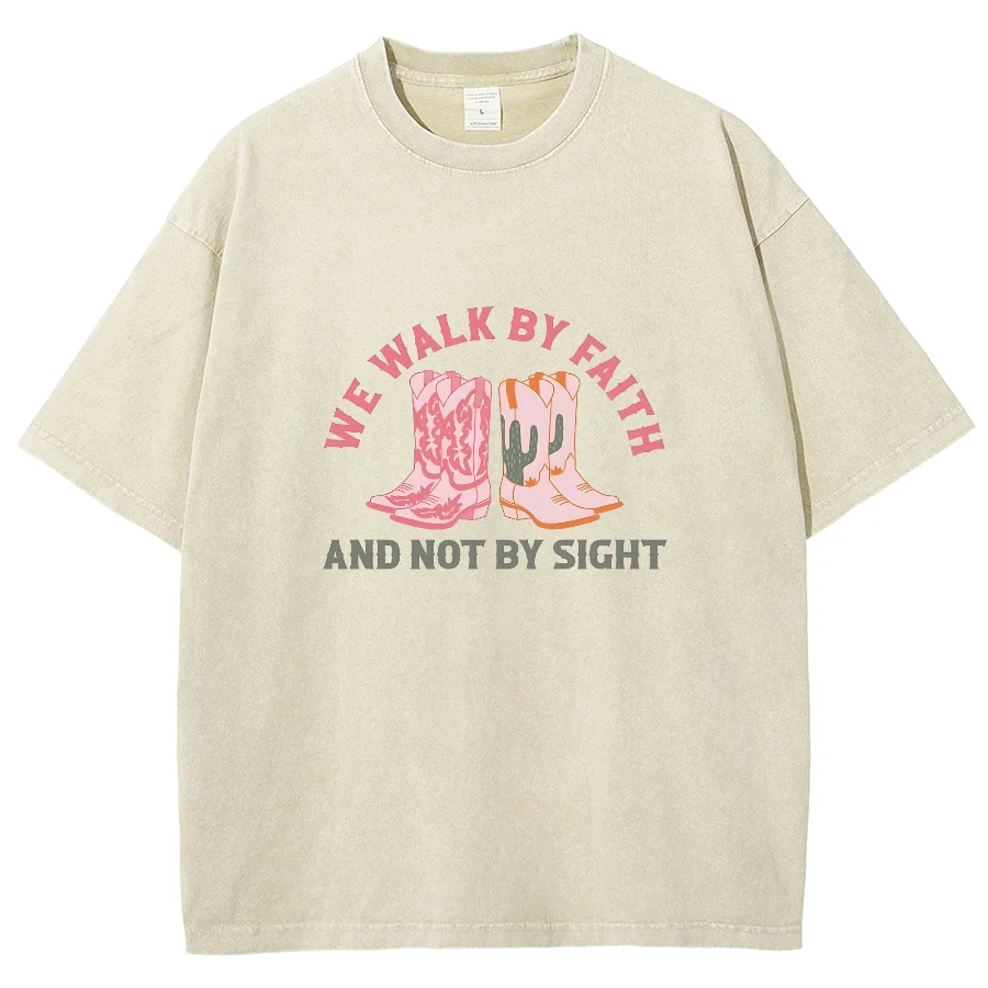 We Walk By Faith Y2K Washed Short Sleeve T-Shirt, Creative Printed Unisex Vintage Streetwear New Fashion Plus Size Casual Tops