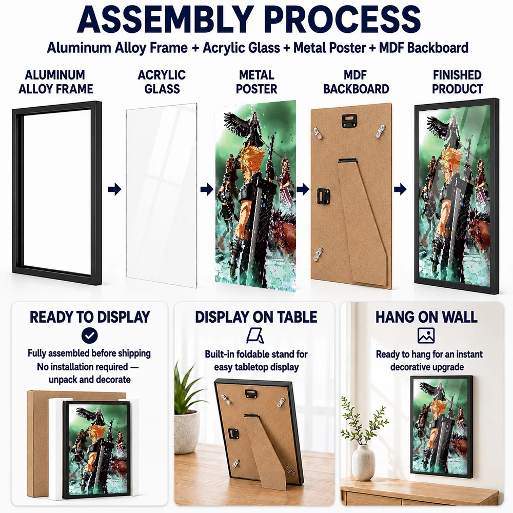 Final Fantasy VII Group Battle Scene Framed Metal Print Personalized Photo Enchanting Graphic Style Wall Art For Player Lounge
