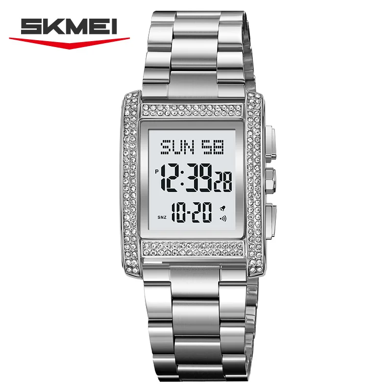 

SKMEI 2520, мужские золотые цифровые часы со стразами и календарем из нержавеющей стали, квадратный циферблат, украшенный сверкающим