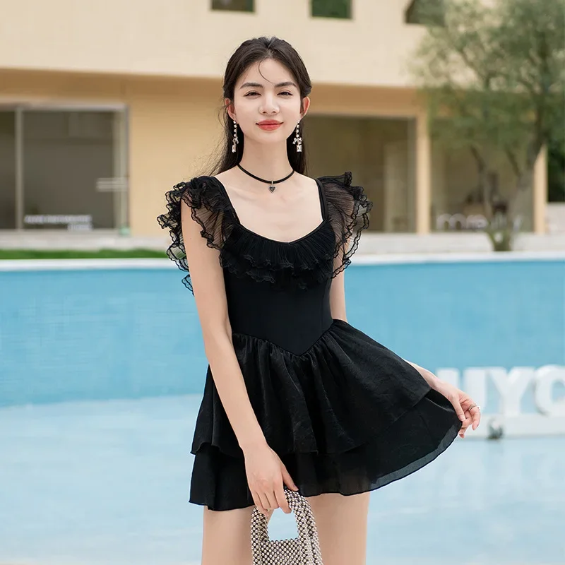 Korean One Piece Swimsuit Woman 2025 Solid Sexy Skirt Mesh Stitching Backless Swimsuit with Shorts Skirt Bikinis Sets