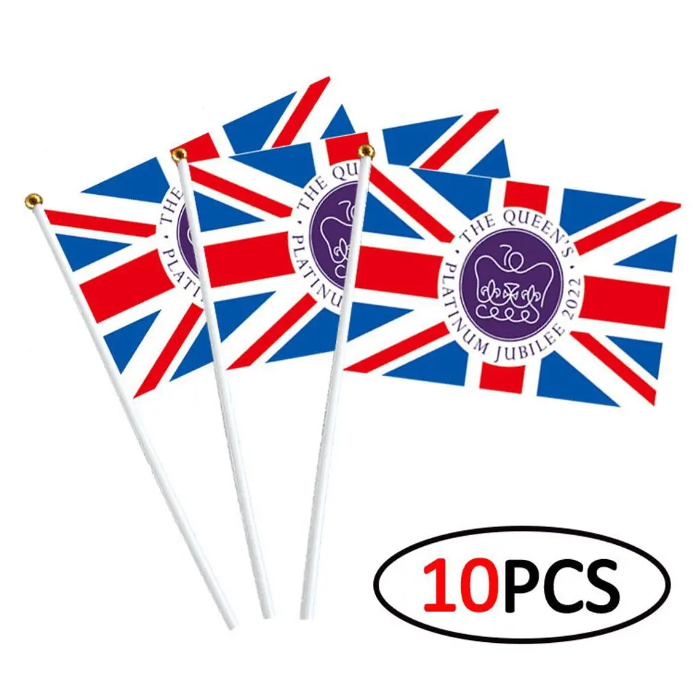 10pcs 14*21cm Flags England Queen Flag UK Flying Flag Britain United Kingdom Banner With Plastic Flagpoles Hand Waving Flags