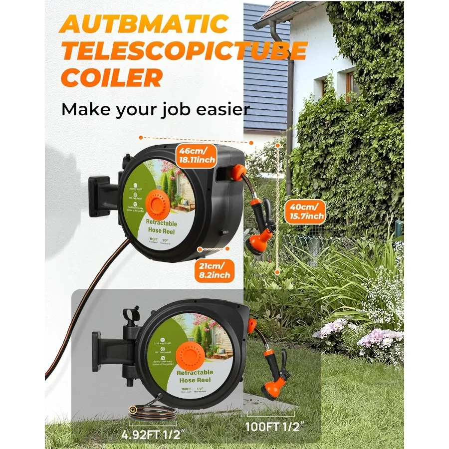 자동 감김식 정원 호스 릴 100피트 x 1/2인치 초강력 자동 벽걸이형 물 호스 릴 (야외용, 길이 조절 가능)