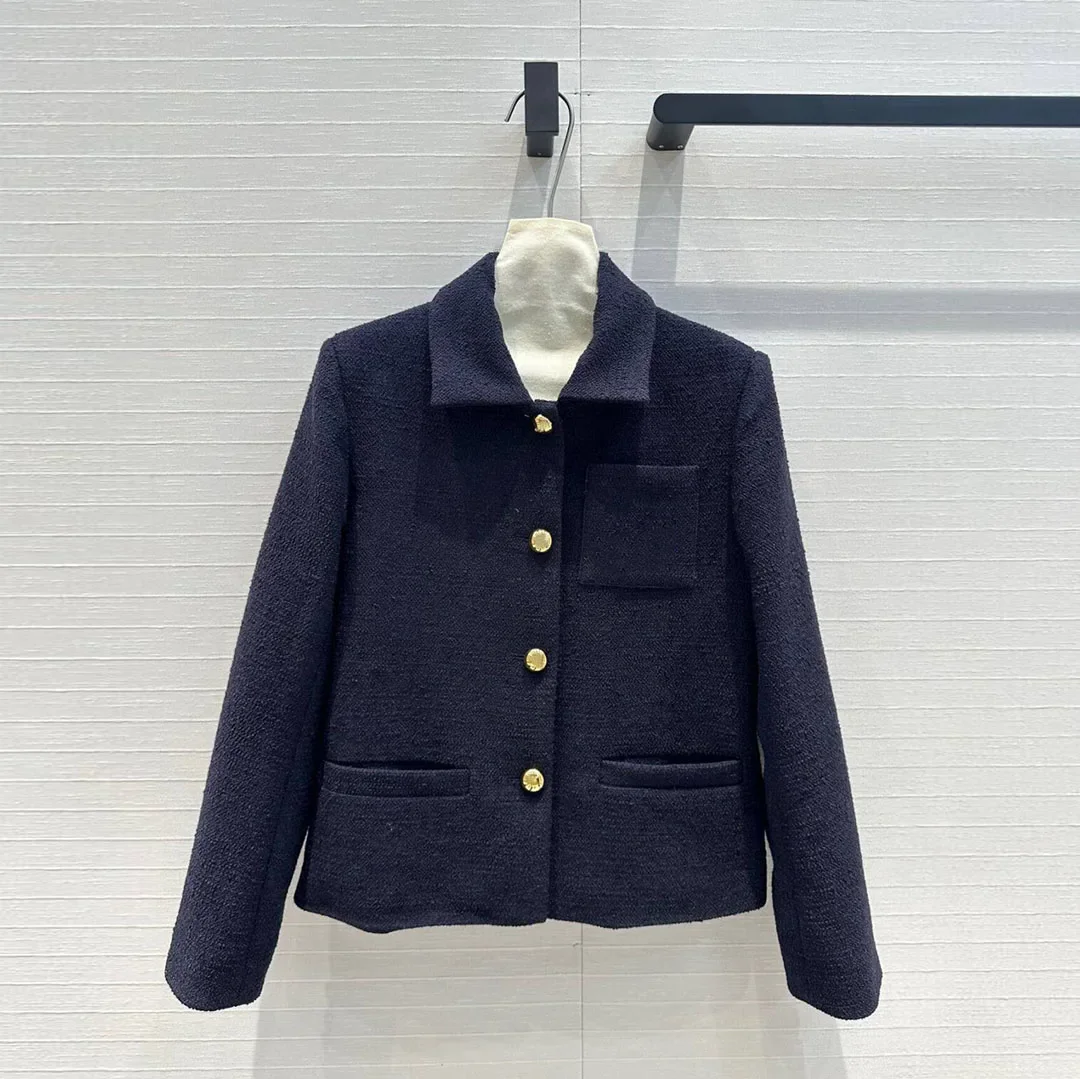 2024 New Early Autumn Navy Wool Blends Tweed Jacket Women Lapel Long Sleeve Gold Buttons Front Pocket Preepy Style Retro Coat