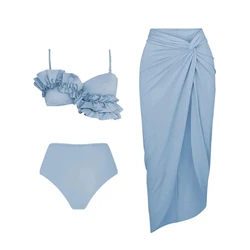 Elegante Bikini dal Design irregolare costume da bagno copricostume blu da donna costumi da bagno femminili costumi da bagno solidi vestiti da nuoto a taglio alto