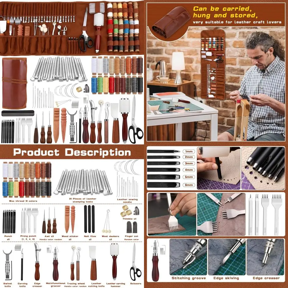 

Leatherworking Kit with Custom Storage Bag for Carving, Punching, Sewing, and Stamping - Essential Supplies for Leather Artisans