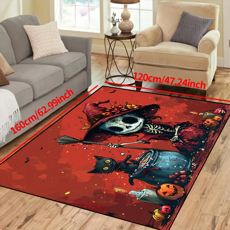 Skull Witch & Black Cat Halloween Rug - Non-Slip Polyester Carpet For Living Room Bedroom Nursery Outdoor Patio & Garden Decor