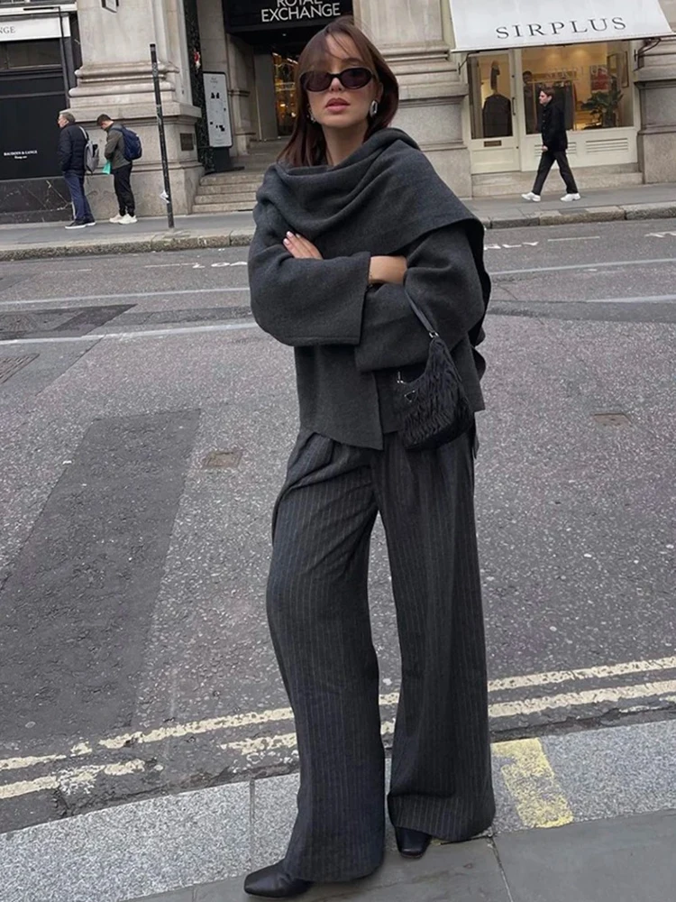 Damski jesienno-zimowy nieregularny szalik z dzianiny Krótki płaszcz Casual Solid Colour Luźna kurtka Jednorzędowy płaszcz z długim rękawem