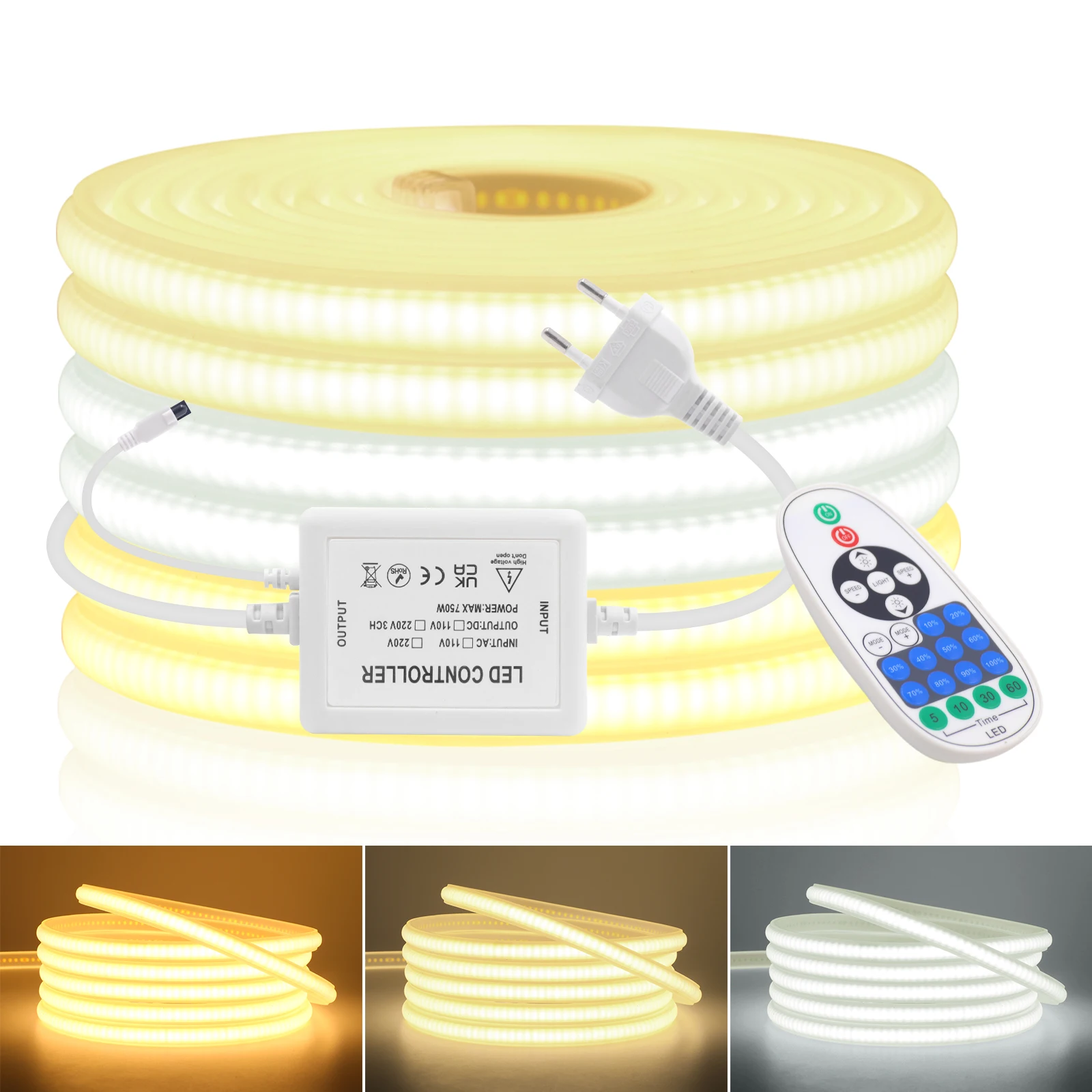 220V 110V COB NEON LED Strip 288LEDs/M WIFI Bluetooth IP65 Dimmable Flexible Ribbon Tape Diode With Panel Remote Control EU Plug