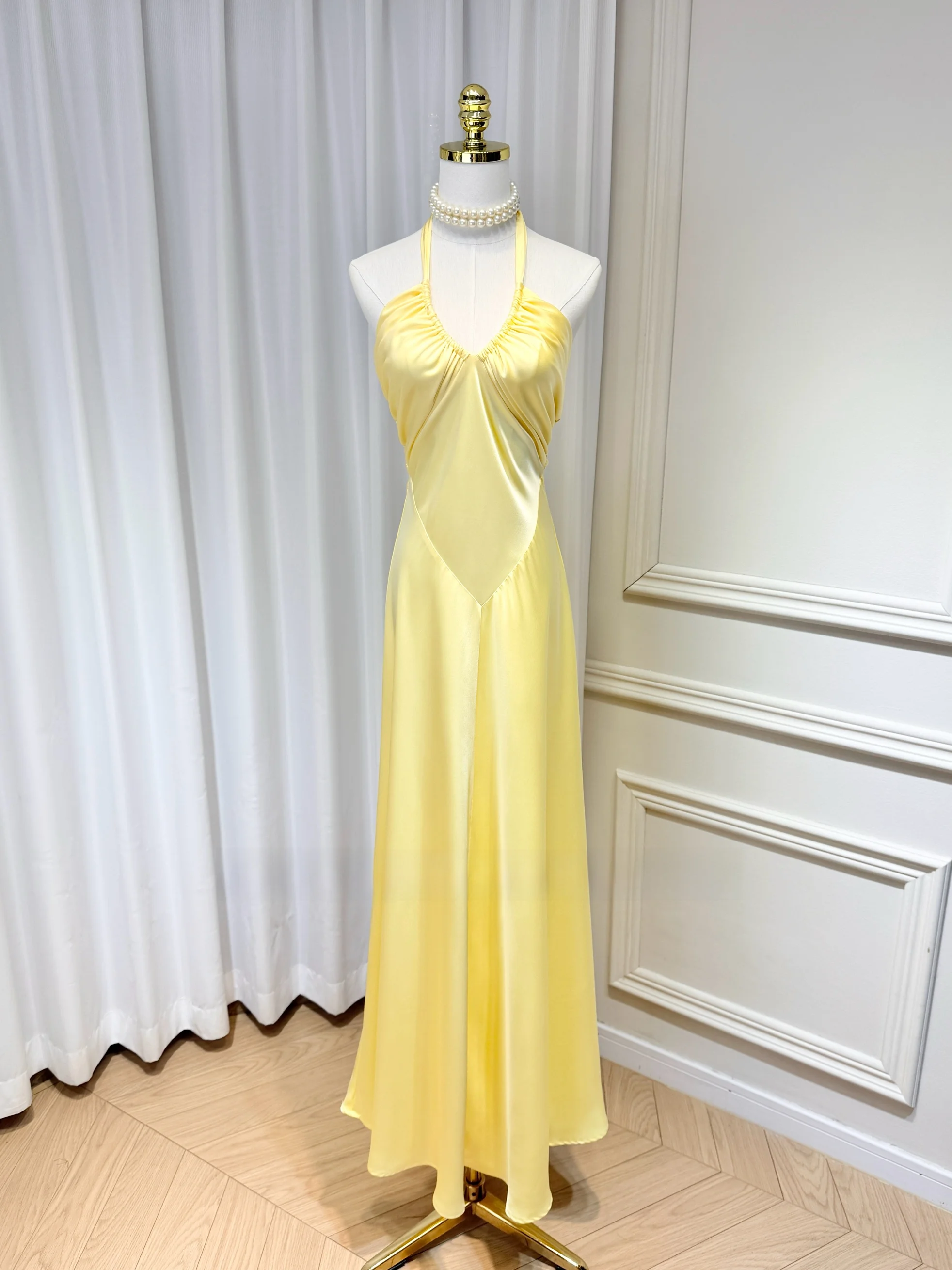 

Ele High-End Satin Long Dr Deep V-Ne Bal Wrap Waist Design Summer Vaion Casual Chic Women's Dr