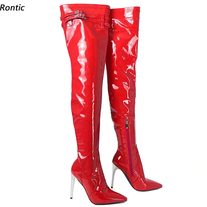 

Rontic/Новые женские весенние сапоги до бедра из лакированной кожи с пряжкой, пикантные туфли на шпильке с острым носком, великолепные красные туфли для вечеринок, размер США 5-15