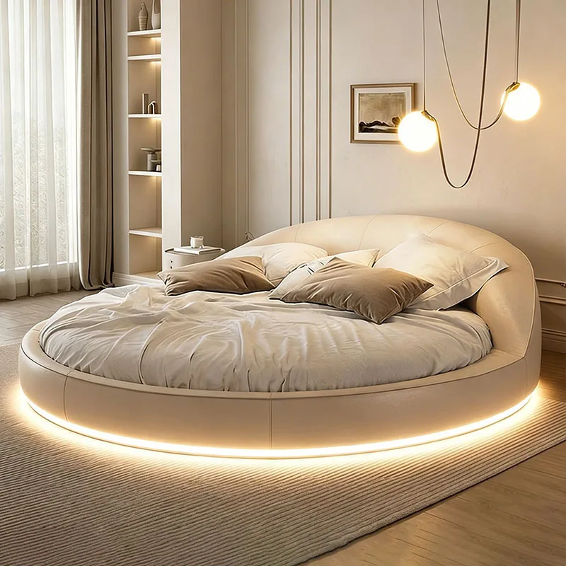 Hotel Floating Round Bed Set Modern Lighted Leather Round Bed for Home Use 2.2m Large Wooden Latest Soft Cream Style Round Bed