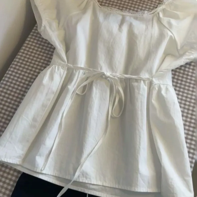 White Lace Tied Square Neck Summer T-shirts Chic Elegant Short Sleeve Tee Cotton Y2K Casual Bow Tie-up Top Women