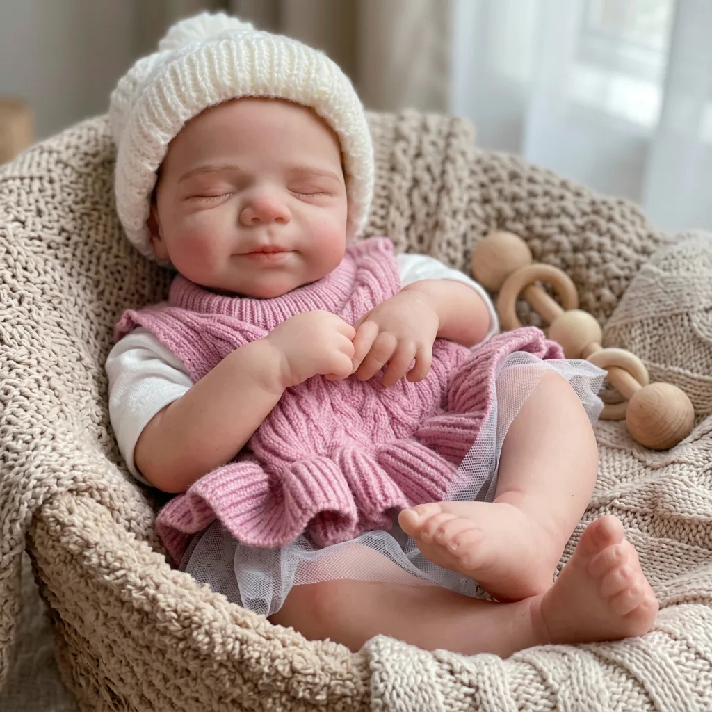 18 Inch Pascale Reborn Baby Doll Closed‑Eyes Design Lifelike Hand‑Painted Collectible Art Doll With Pink Sweater & White Hat