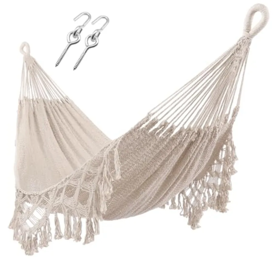 

Outdoor patio hammock made of thick cotton rope, beige, handwoven with tassels, XL size for two persons, 550LB capacity