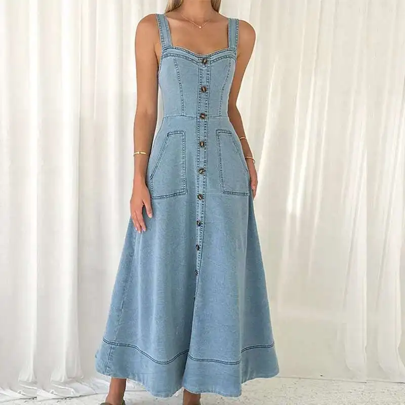 

Summer Suspenders Hollow Pockets A-Line Elegant Off Shoulder Waist Long Dresses Female V Neck Single Breasted Denim Dress