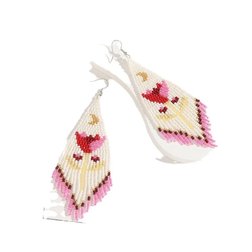 2025 Handmade Bead Earrings Tassel Gradient Color Hand Knitting Flowers Bohemia Golden Moon Simple Beaded Earrings for Women view 5