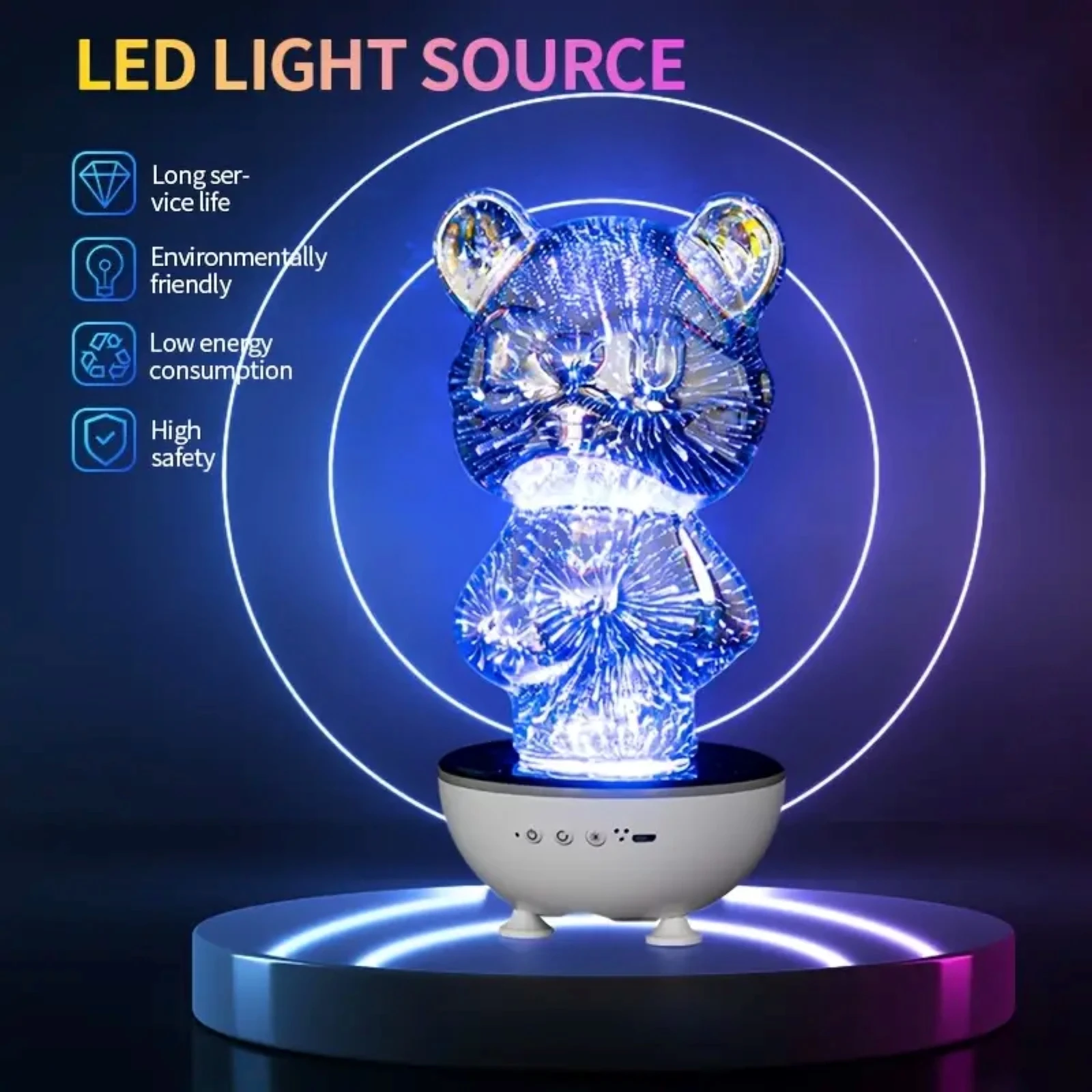 EISSLOLY Firework Bear Projection Light Decorative Room Night Light 360° Rotating Mini Speaker for Bedroom Night Lights ﻿