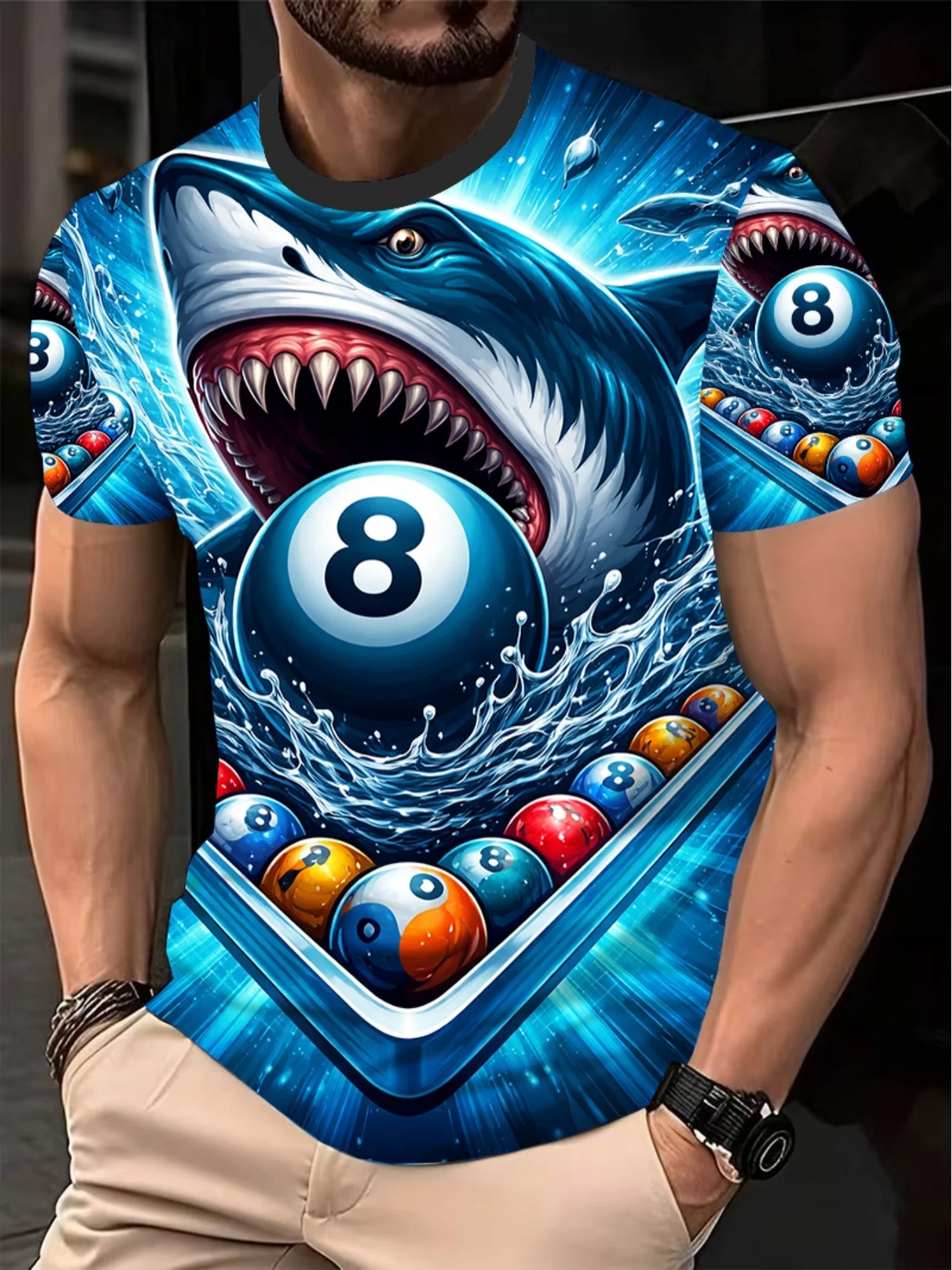 Men's Crew Neck Tee 3D Shark Billiard 8 Ball Water Splash Sport Graphic Print Casual Tops
