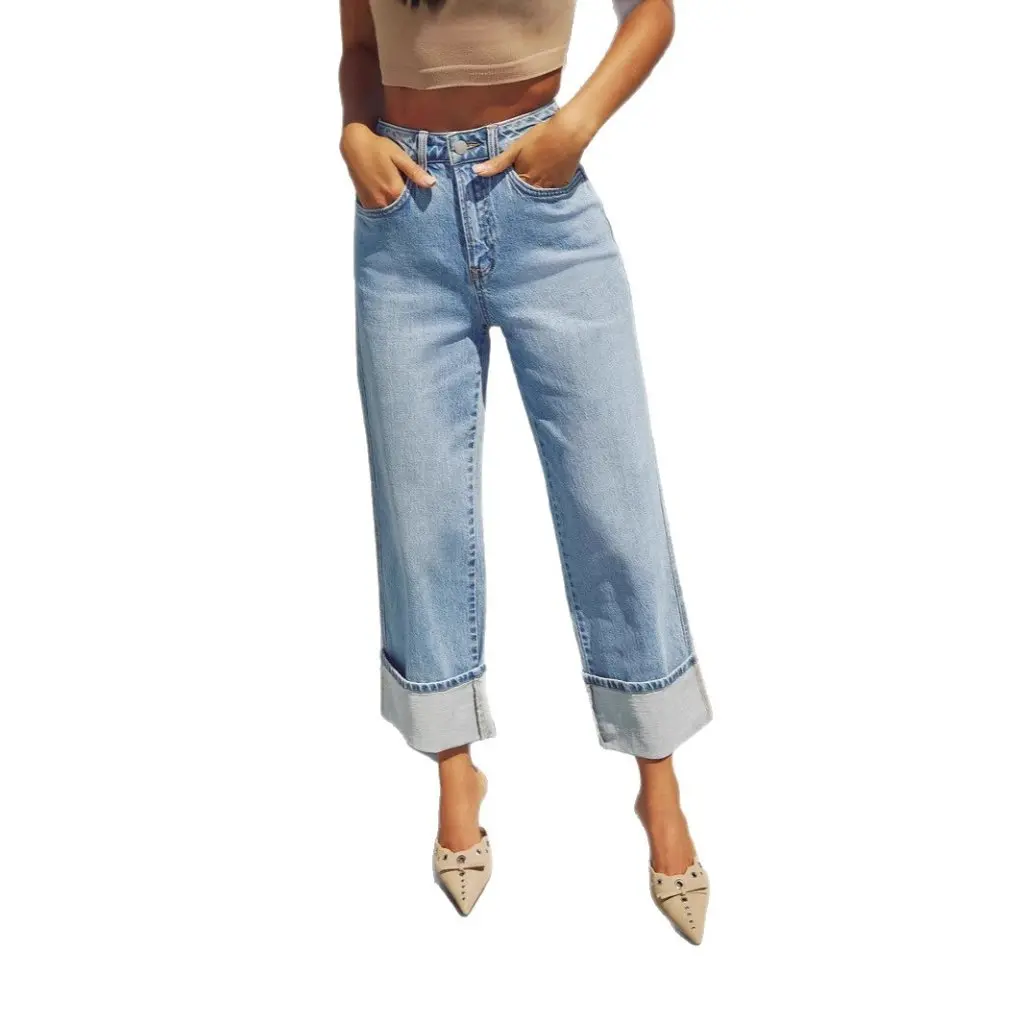 Calça jeans feminina de cintura alta retrô enrolada reta primavera calças de alta qualidade elástica de