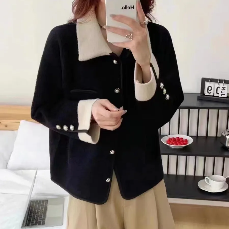 Autumn and winter new Korean version of women's small fresh double-sided woolen top color matching casual fashion