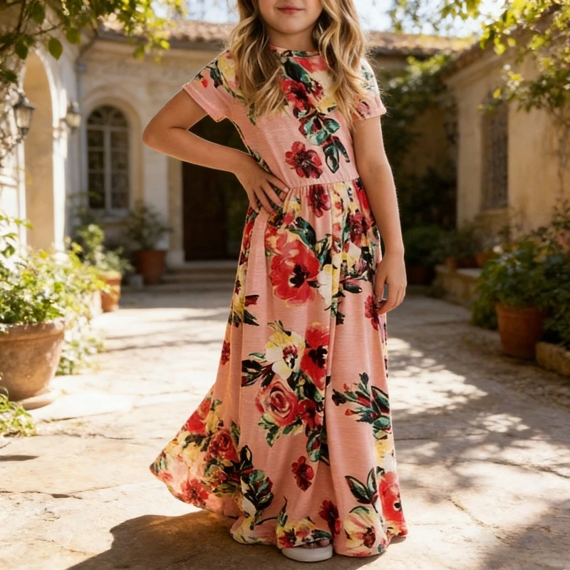 

Flower Children's Clothing Dress Printed Short Sleeved Summer Long Skirt Children's Sweet Daily Clothing Outdoor Theme Dressing