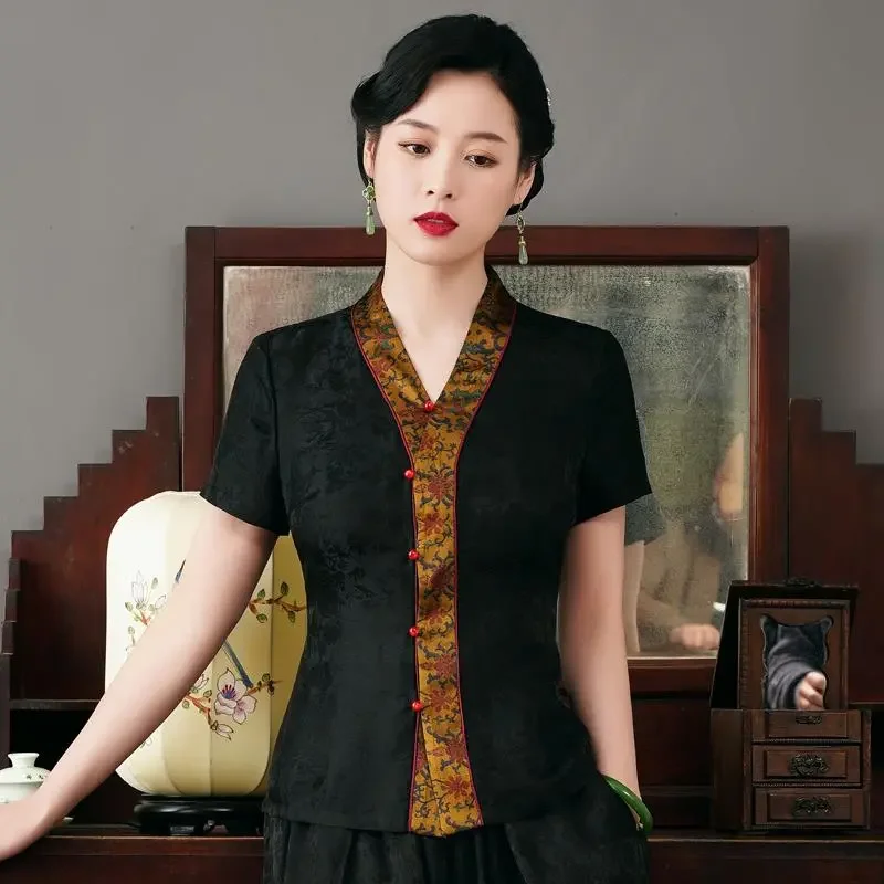 Chinese Style Women Summer Imitation Xiangyunsha Qipao Top V Neck Short Sleeve Improved Cardigan Slim Retro Tang Suit S-XXL