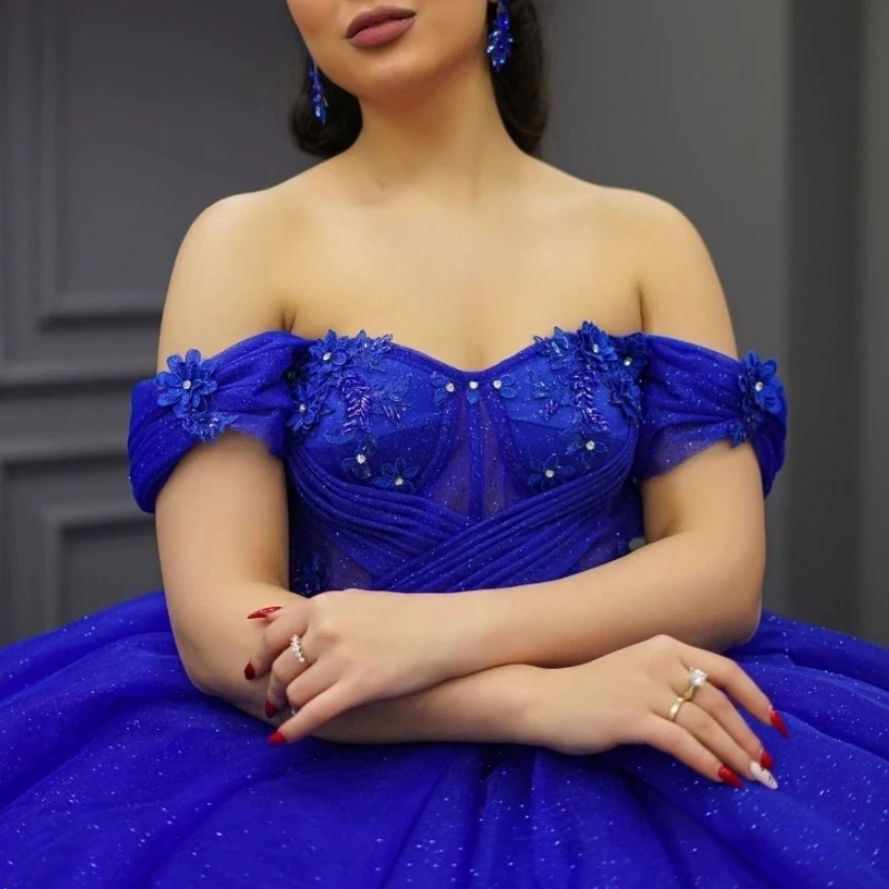 Robe de Rhscintillante bleu royal pour filles, robes de Quinceanera, perles de fleurs hydrater, reconstitution historique, gala, anniversaire, éducatif, 15 ans Miss