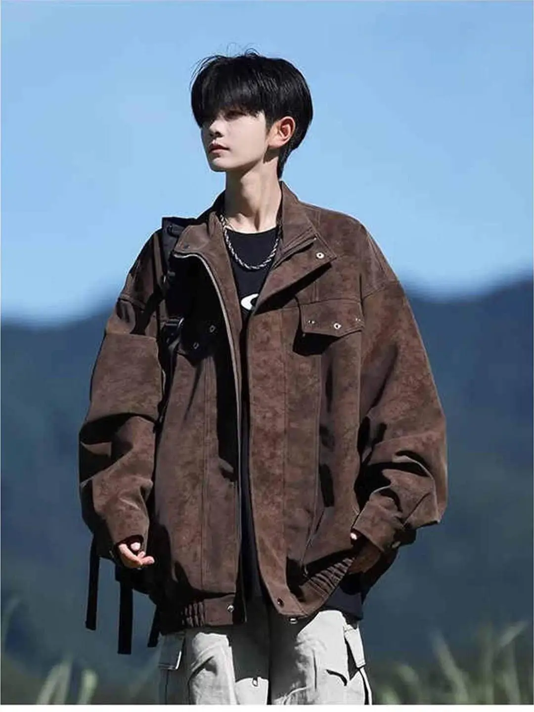 

Мужская кожаная куртка в американском ретро-стиле, свободного кроя, с воротником-стойкой, для весны и осени, модная верхняя одежда