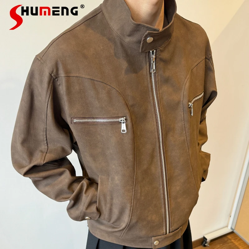 

Мужчины Женщины 2023 Осень Новые Модные Куртки Шикарные Свободные Куртки Для Пар из искусственной кожи Американский Стиль Ретро Мотоциклетные Пальто Из Искусственной Кожи