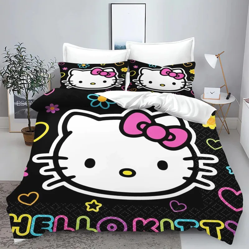 Hello Kitty 3D Printed Bedding Set 100% Polyester Duvet Cover Sets Twin Size Home Cartoon Anime Bed Sets for Kids