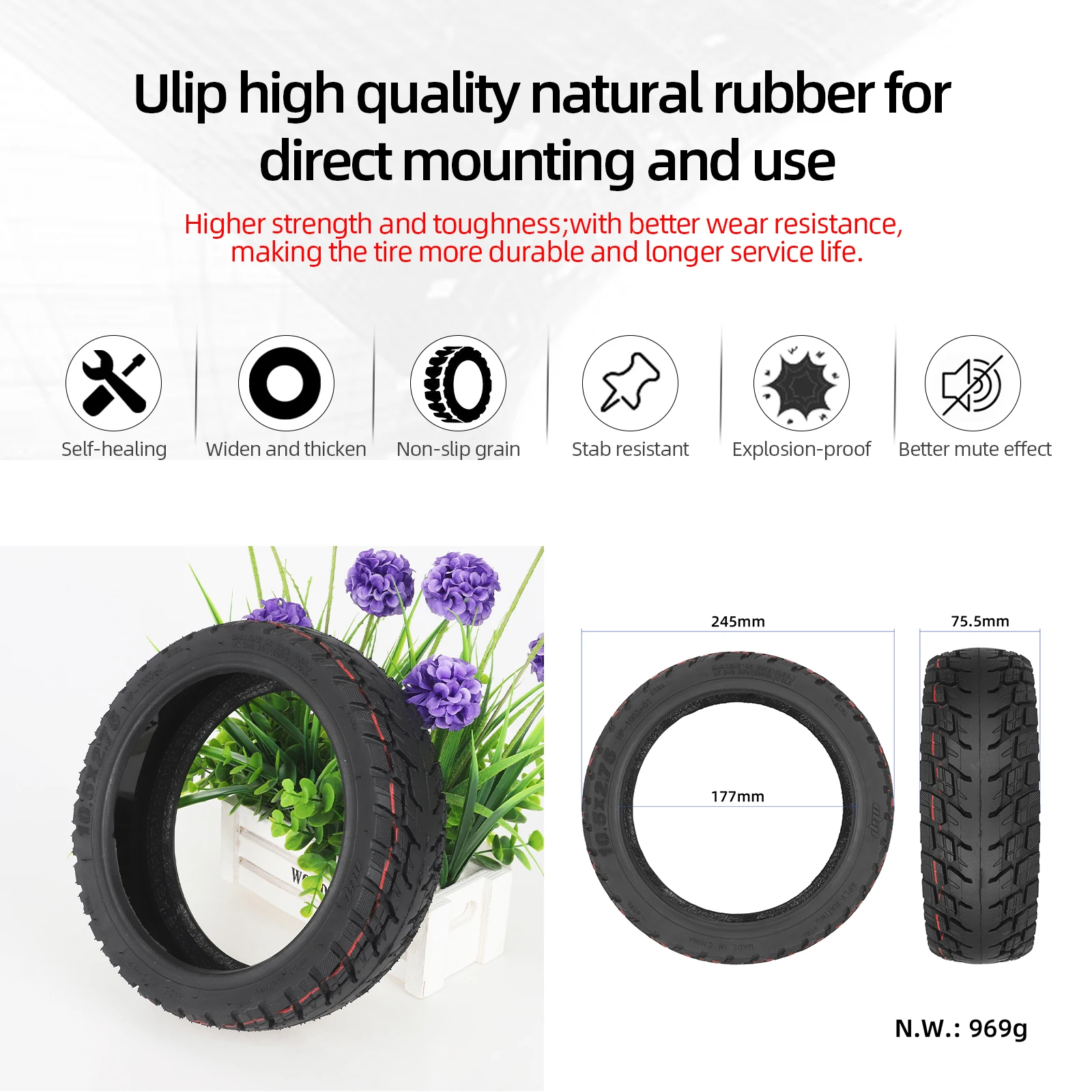 Ulip 10.5x2.75 Self-healing Tubeless Tire 10Inch Thickened Non-slip Built-in Self-repair Glue For Ninebot P65 P100/S/SU Scooters