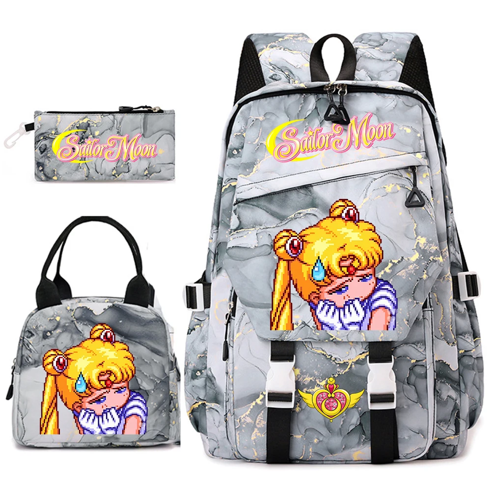 Sailor Moon Anime Schulranzen-Set für Mädchen, 3-teilig, Rucksack, Lunch-Tasche, Federmäppchen, Studenten-Büchertasche, Tagesrucksack