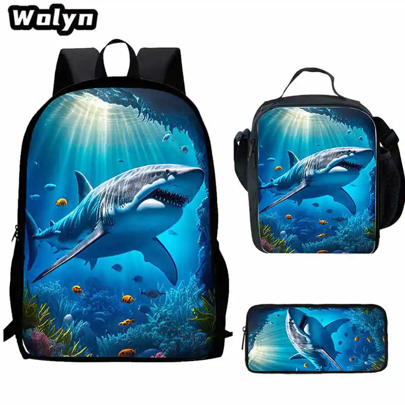 3Pcs Set Shark Prints School Backpacks with Lunch Bag Pencil Case,School Bags for Children,School Bag Set for Pupil Students