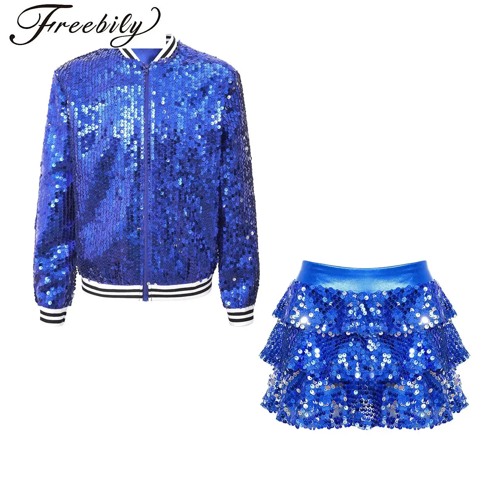 

Kids Girls Sequins Jazz Dance Outfits Glitter Baseball Jackets Outerwear with Skirted Shorts Culottes Hip Hop Dancewear Costumes