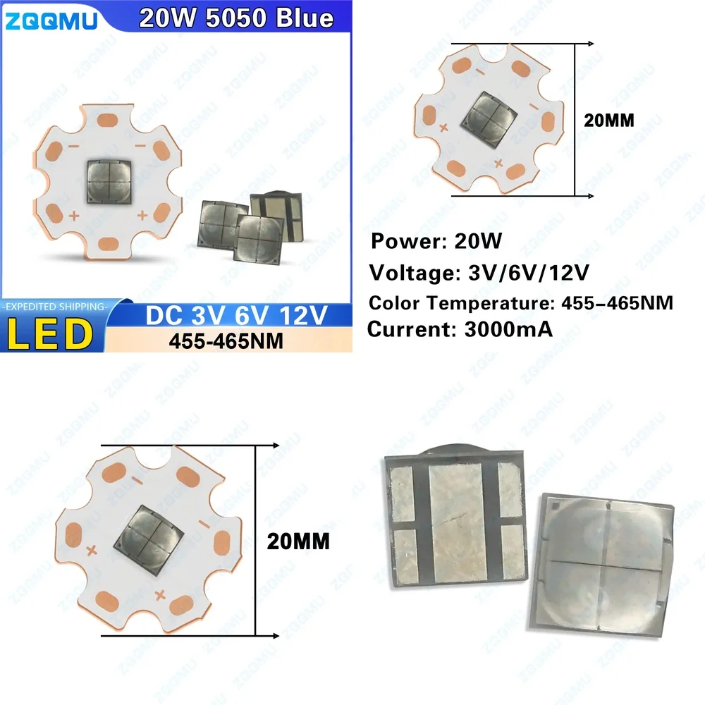 LED 20W SMD5050 Chip DC 3V 6V 12V Blue Light 655 665nm for Headlight Flashlight Lamp Beads High Power Diode Automotive Lighting