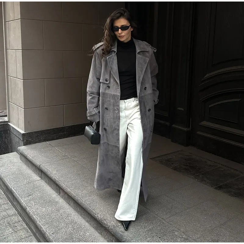 Otoño Invierno nuevas mujeres cinturón de gamuza sintética gabardina larga solapa doble pecho manga completa rompevientos señora abrigos de viaje