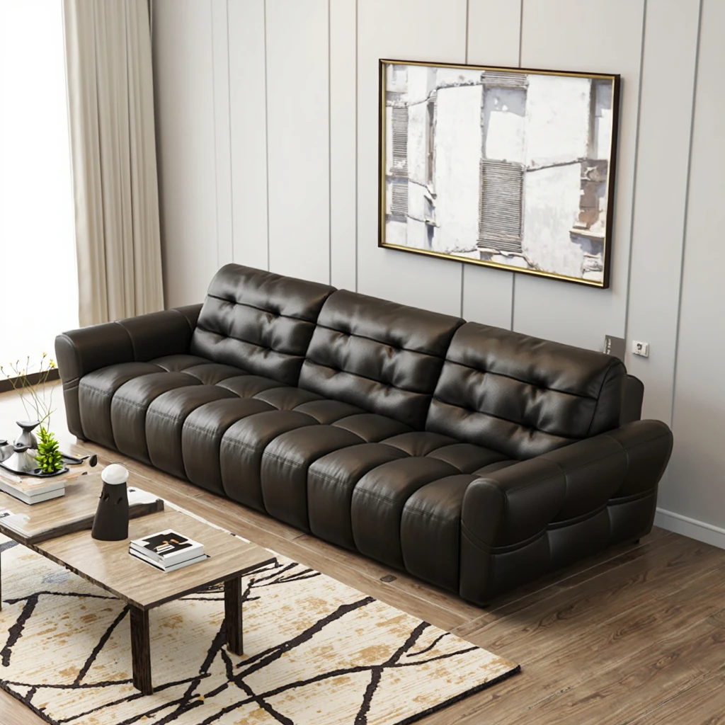 

！@2025 Sofia Italian Minimalist Top Cowhide Light Luxury Big Black Bear Sectional Sofa Genuine Leather Straight Row Living Room