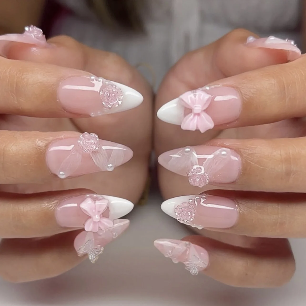 

24pcs White French Fake Nails Almond 3D Pink Bow Flower Design Reusable Press on False Nails Butterfly Pearl Wearable Manicure