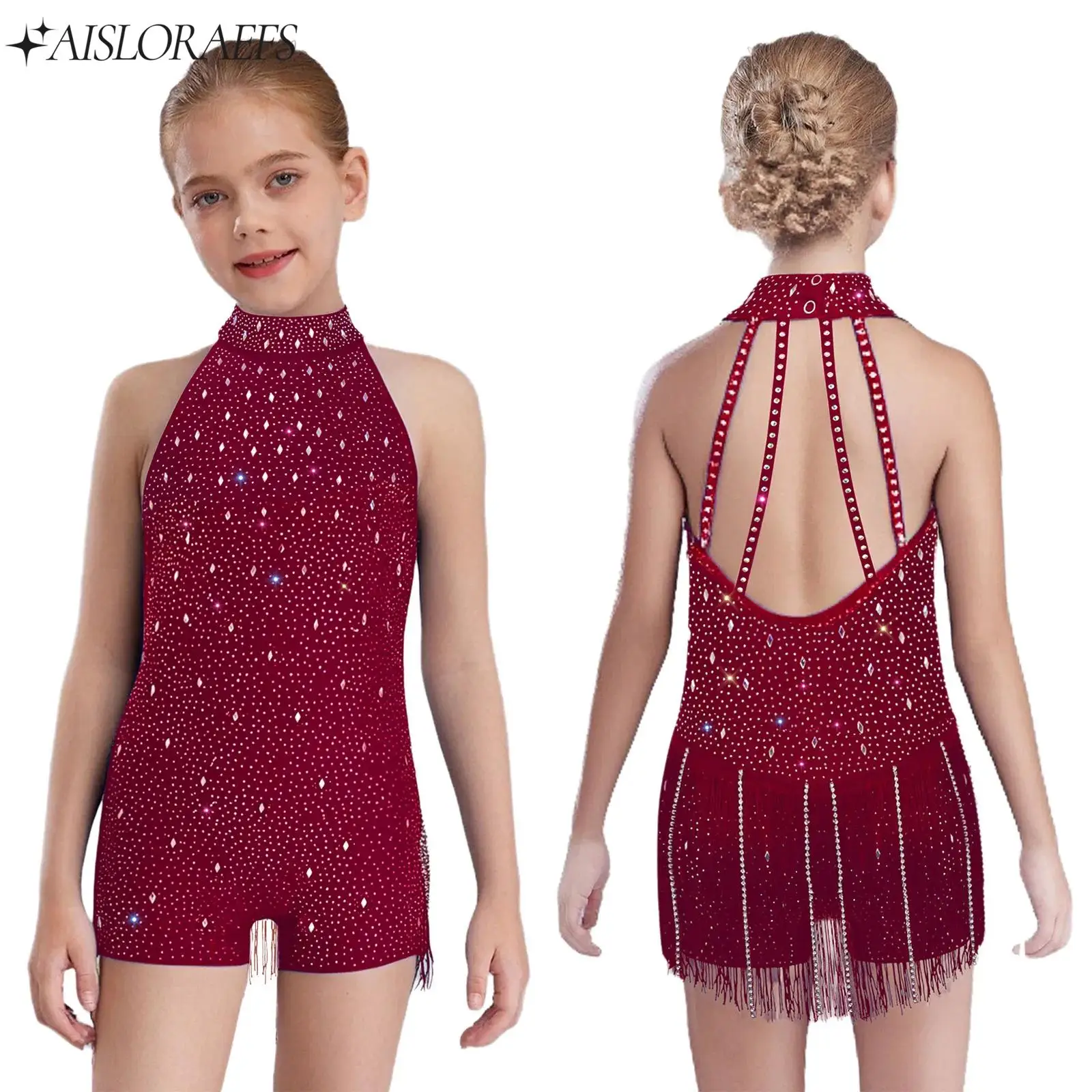 

Girls Jazz Latin Dance Fringed Jumpsuit Figure Skating Gymnastics Performance Party Wear Halter Sleeveless Rhinestones Bodysuit