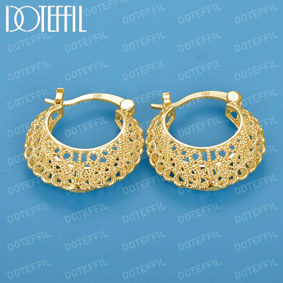 DOTEFFIL 18K Gold Hollow Flower U Circle Earrings For Women Lady Best Gift Fashion Charm Silver Wedding Jewelry