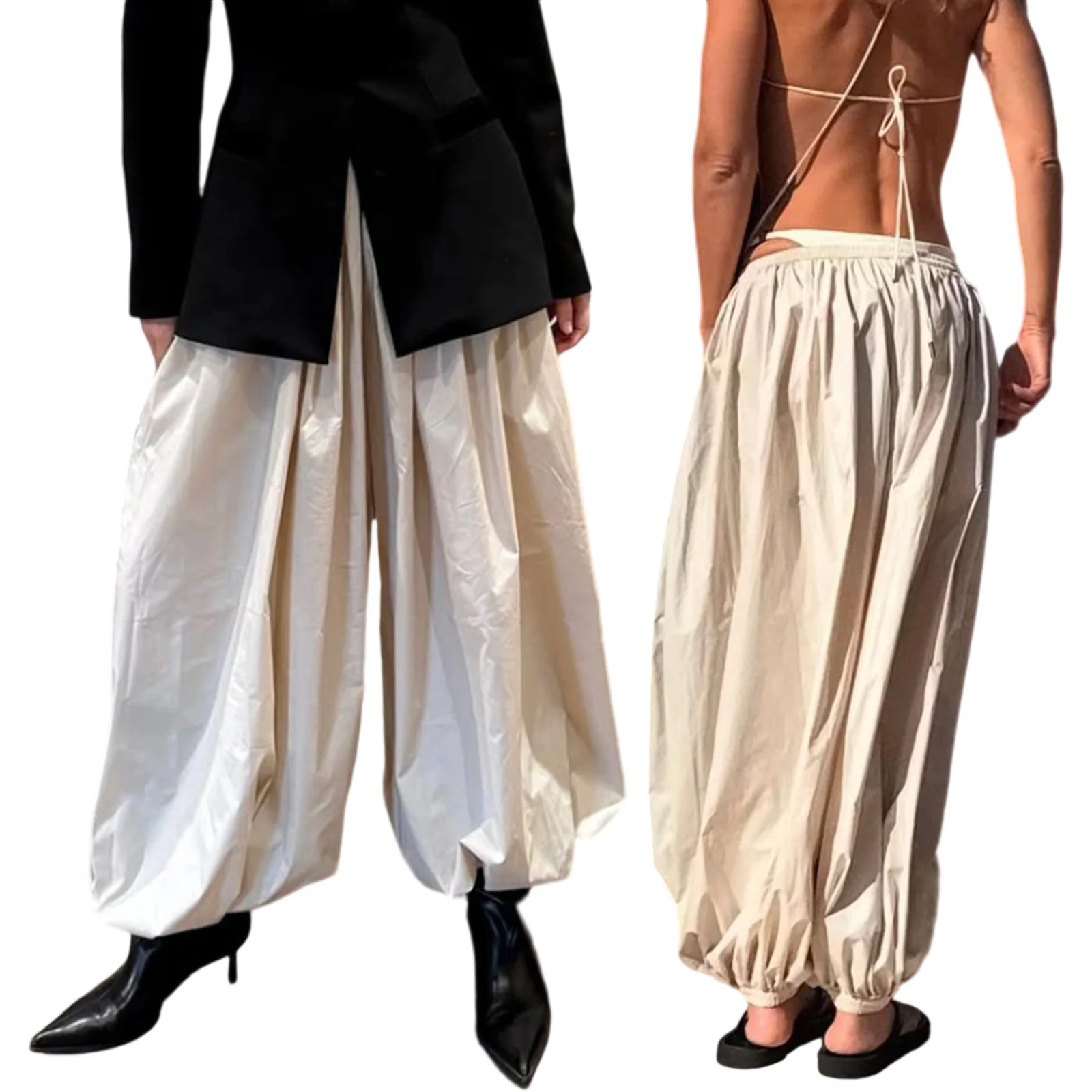 Women s Loose Lantern Slacks Pants Casual Elastic Waist Solid Color Baggy Trousers for Beach Travel Vacation