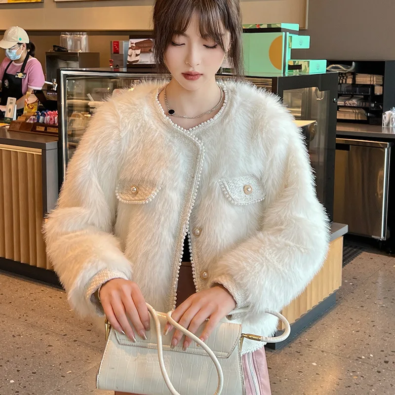 Faux Fur Coat Winter Clothes Women Imitation Fox Fur Jacket Coats Fashion Pearl Buckle Streetwear Elegant Thick Warm Outerwear