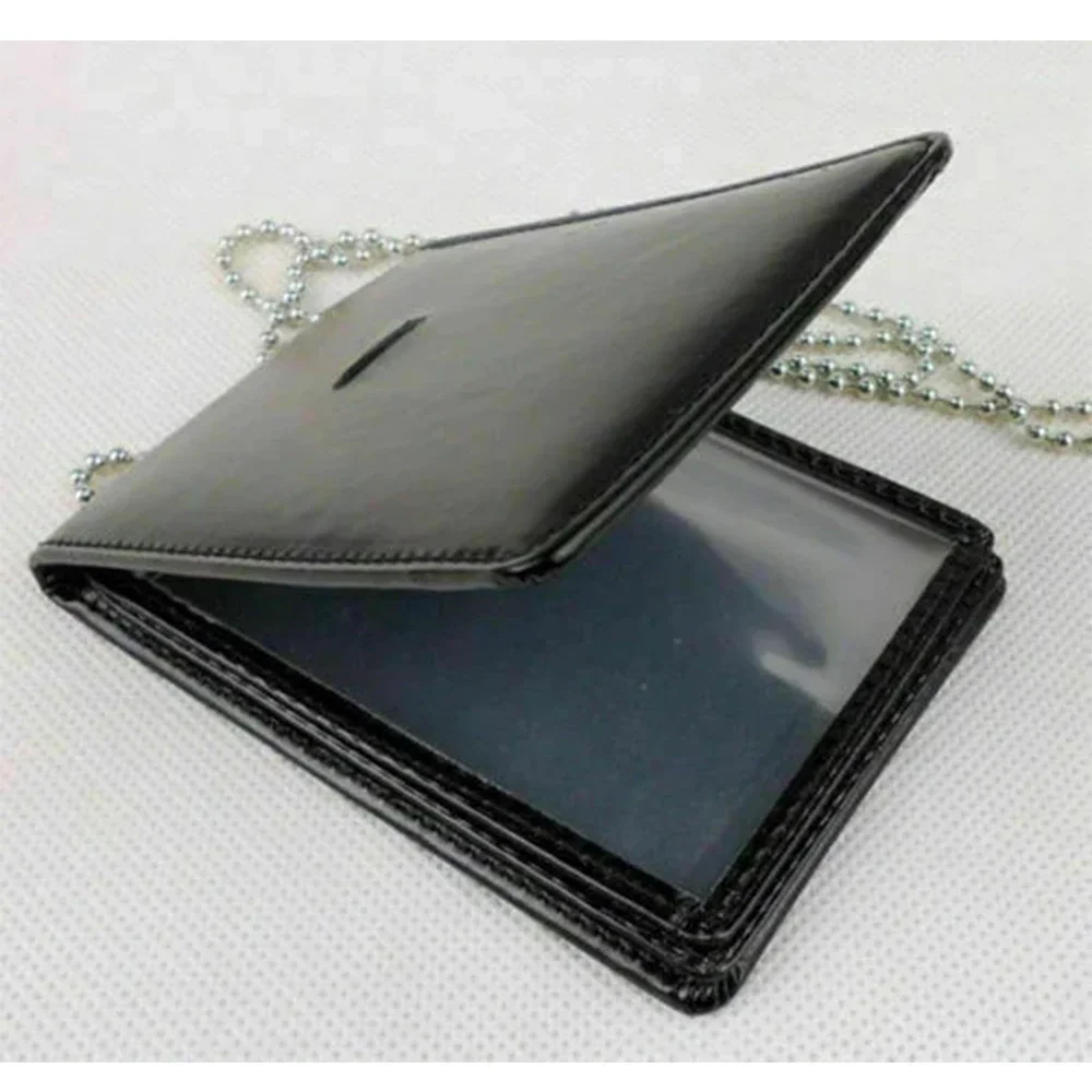 Tactical Black Leather Military Badge ID Card Wallet Holder Case With Neck Chain Gift Souvenir