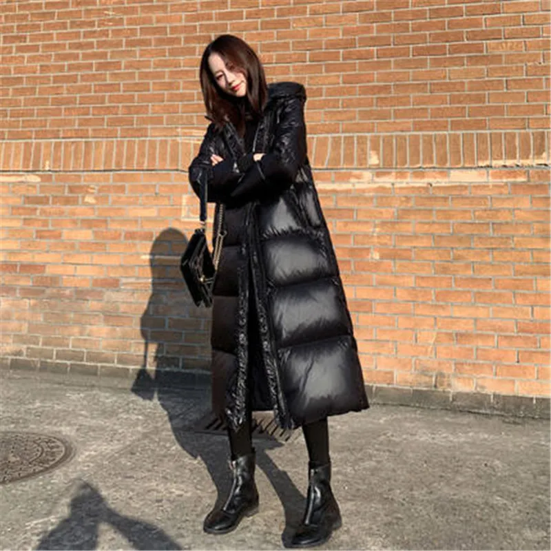 

New Glossy Parka Coat Women's 2022 Fashion Thicken Winter Hooded Loose Long Jacket Female Windproof Rainproof Warm Outwear A1084