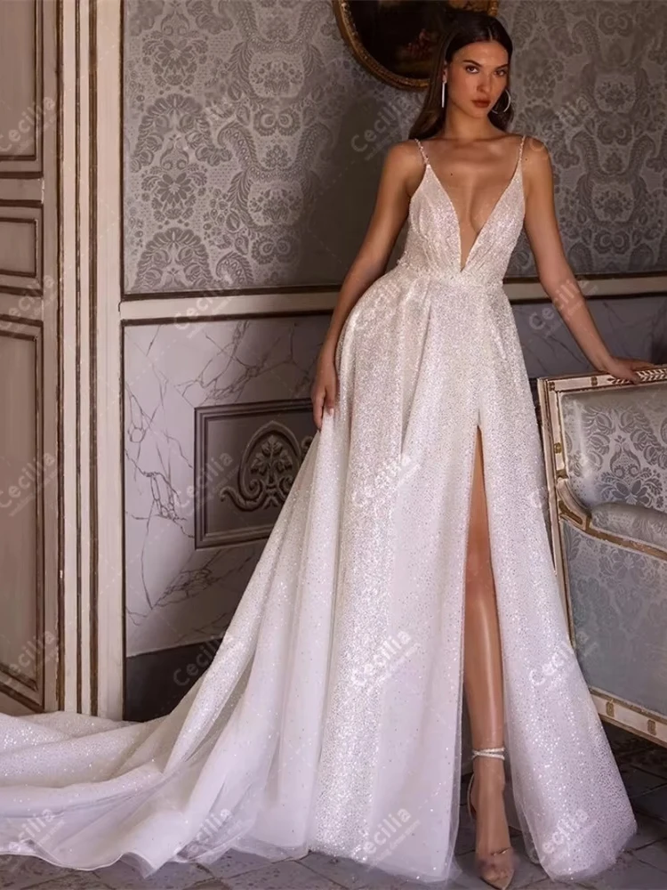 Graceful Wedding Dresses A Line Glitter Bridal Gowns Spaghetti Straps Robes Deep V Neck Charming Customized Vestidos De Novia