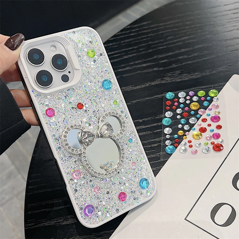 Cute Diamond Bow Mickey Minnie Mirror Bling Glitte Phone Case For iPhone 11 12 13 14 15 16 Pro Max Love Heart Bling Mirror Cover