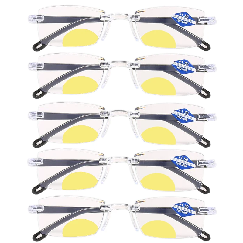 5-teilige rahmenlose, multifokussichere bifokale Lesebrille, Unisex, weit und nah, Anti-Blaulicht-Hyperopie-Brille mit doppeltem Verwendungszweck – Detail 1